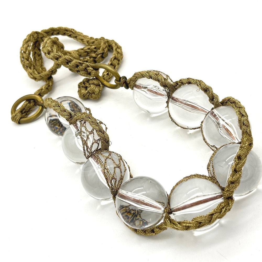 Clear Acrylic Bubble Bead Statement Necklace Gold Mesh Braided Tie Cord 30in